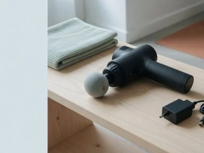 Illustration of a massage gun resting on a shelf beside its disconnected charger