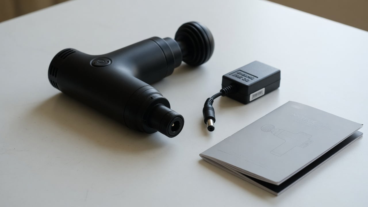 Illustration of a massage gun with a disconnected barrel-connector adapter and instruction booklet