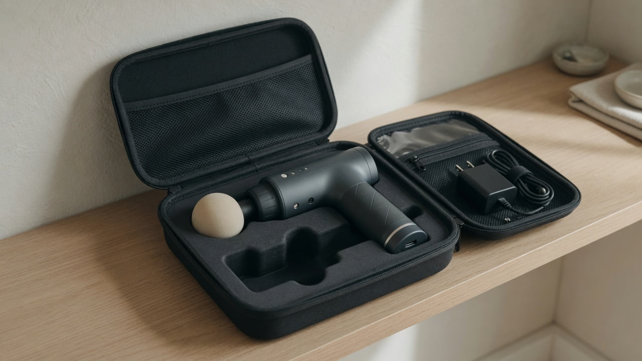 Illustration of a massage gun in an open carrying case with its unplugged adapter stored separately