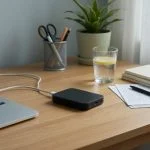 Mobile Wi-Fi hotspot connected by USB on an open desk beside a laptop