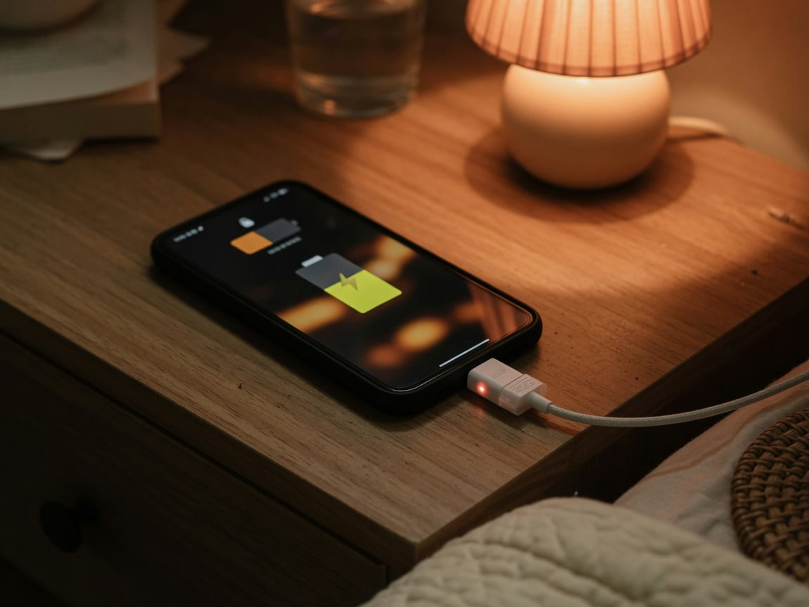 Smartphone charging on a nightstand through a USB charge limiter that stops at about 80 percent