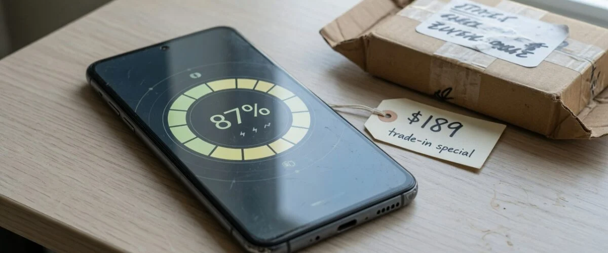 Used smartphone showing a battery health screen next to a trade-in box and price tag