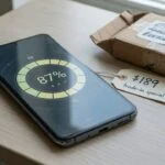 Used smartphone showing a battery health screen next to a trade-in box and price tag
