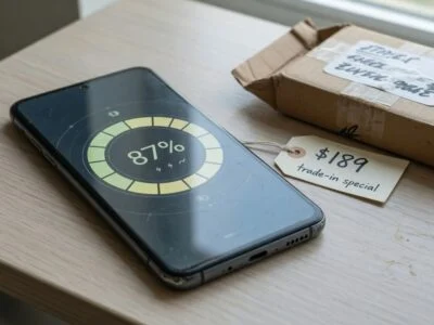 Used smartphone showing a battery health screen next to a trade-in box and price tag