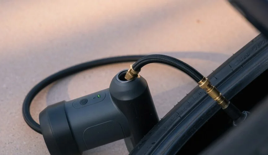 Handheld rechargeable tire inflator connected to a car tire valve on a driveway