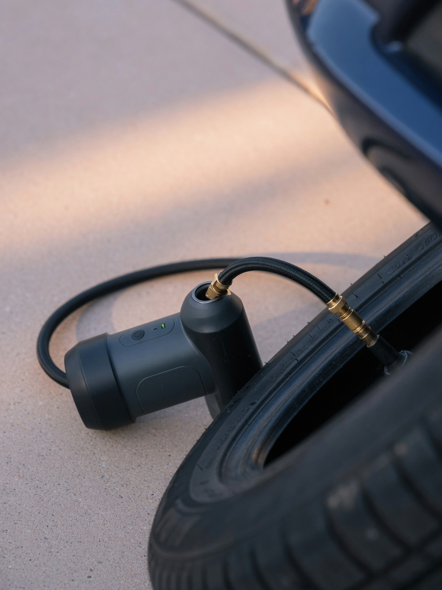 Handheld rechargeable tire inflator connected to a car tire valve on a driveway