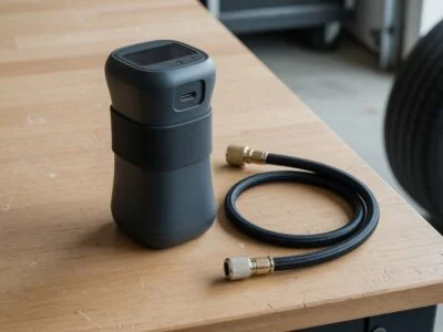 Portable rechargeable tire inflator on a garage workbench with a car wheel in the background.