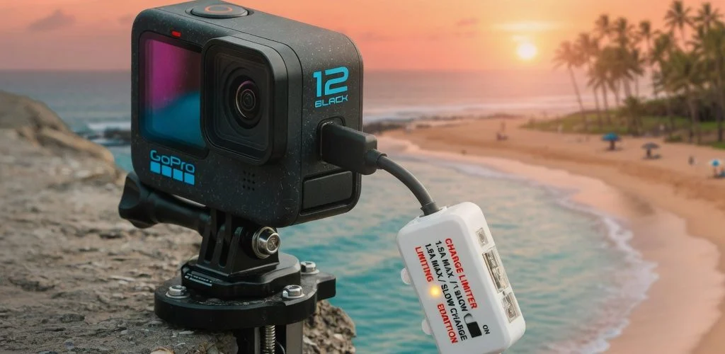 Action camera with a hardware USB charge limiter, golden-hour beach product shot