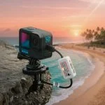 Action camera with a hardware USB charge limiter, golden-hour beach product shot