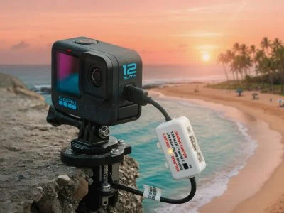 Action camera with a hardware USB charge limiter, golden-hour beach product shot