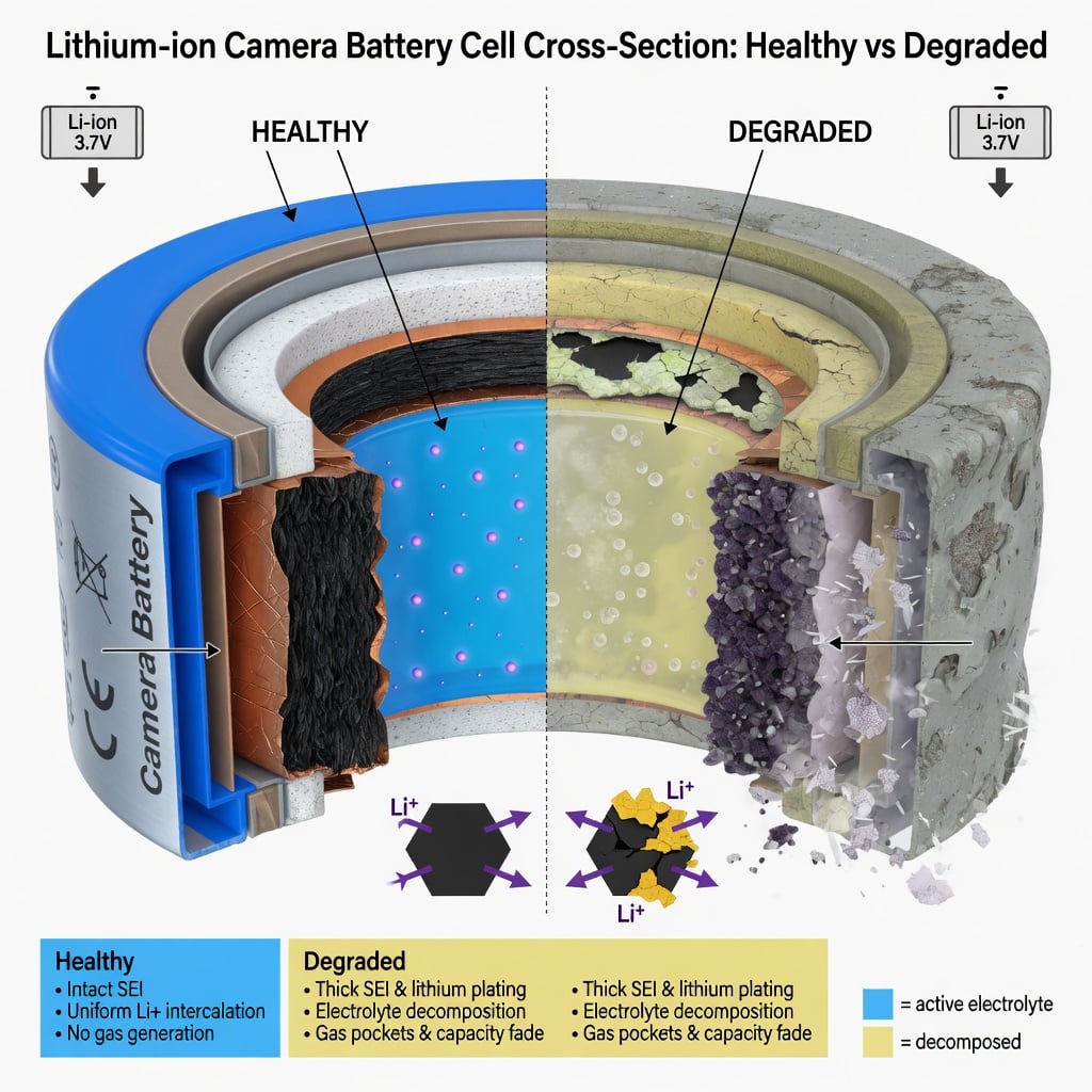 Split diagram of a healthy versus degraded lithium-ion battery cell