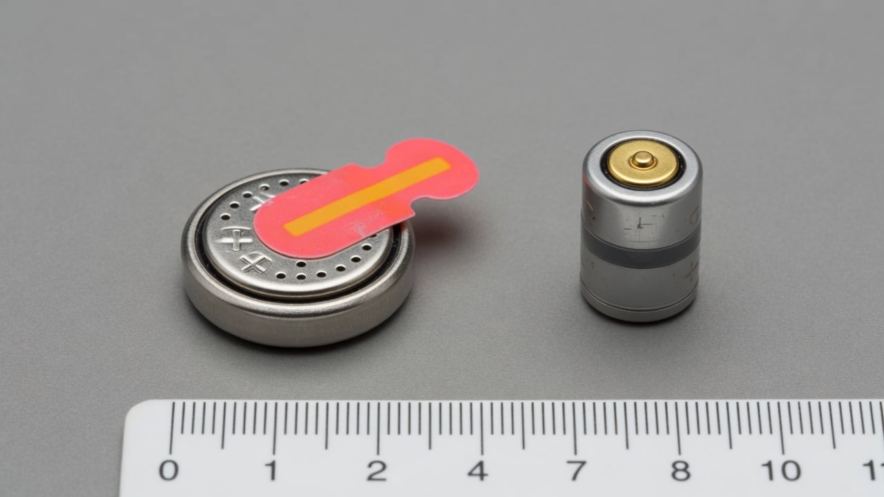 A zinc-air button cell with pull tab next to a small lithium-ion hearing aid cell