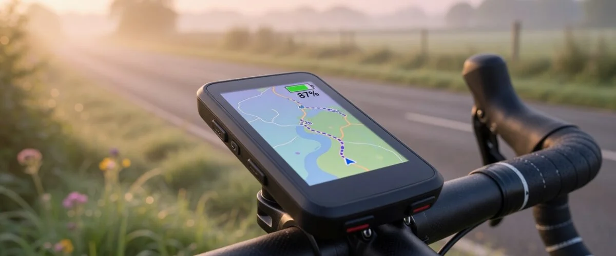 GPS bike computer mounted on a road bike stem during an early morning ride