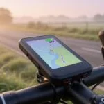 GPS bike computer mounted on a road bike stem during an early morning ride