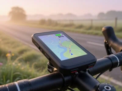 GPS bike computer mounted on a road bike stem during an early morning ride