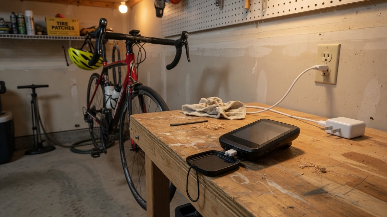 GPS cycling computer charging over USB on a garage workbench with its weather cap open