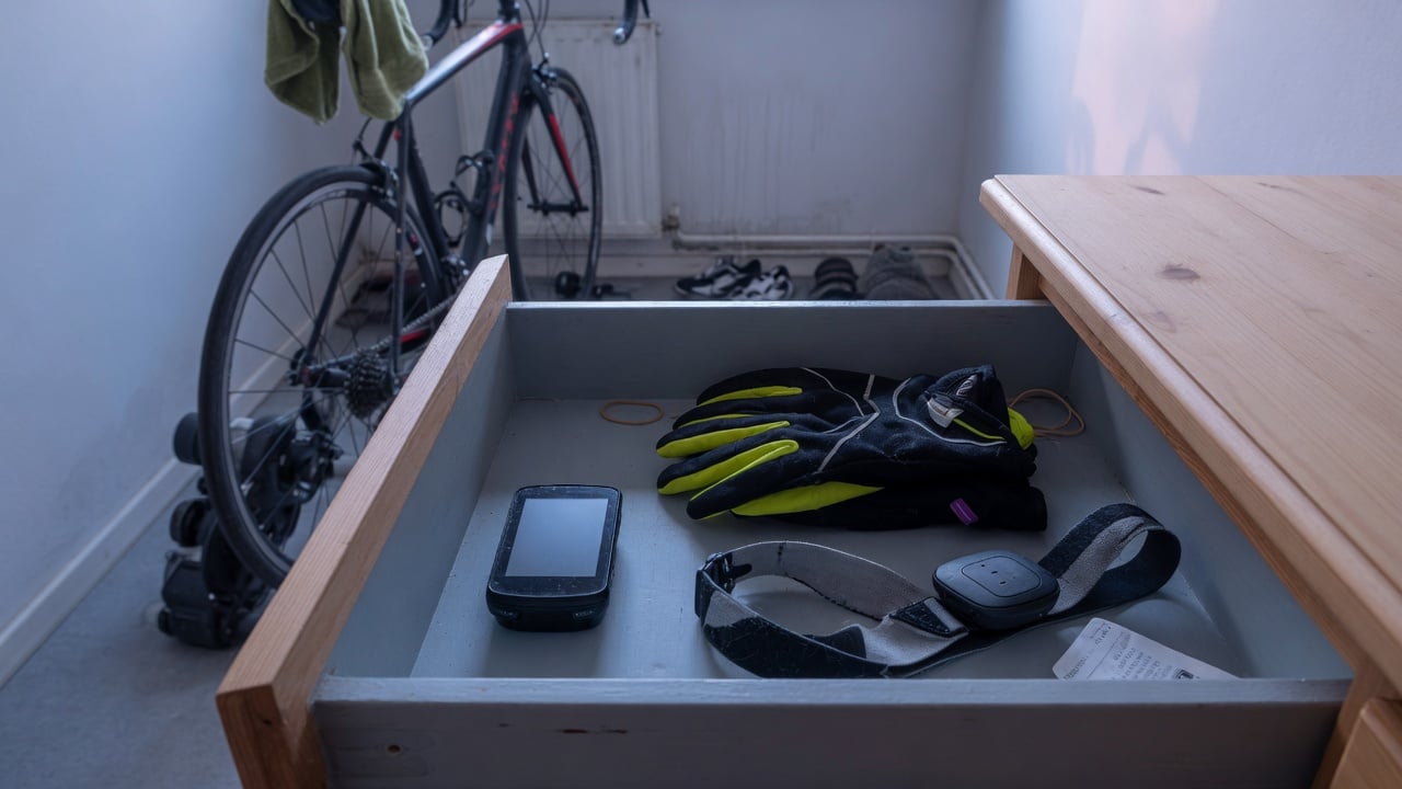GPS bike computer stored in a drawer for the winter off-season next to cycling gloves