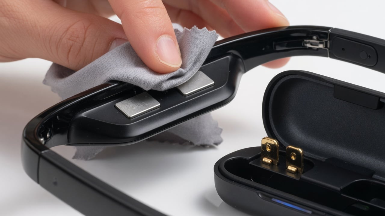Hand wiping the charging contacts on the nose bridge of smart glasses with a microfiber cloth beside the open charging case