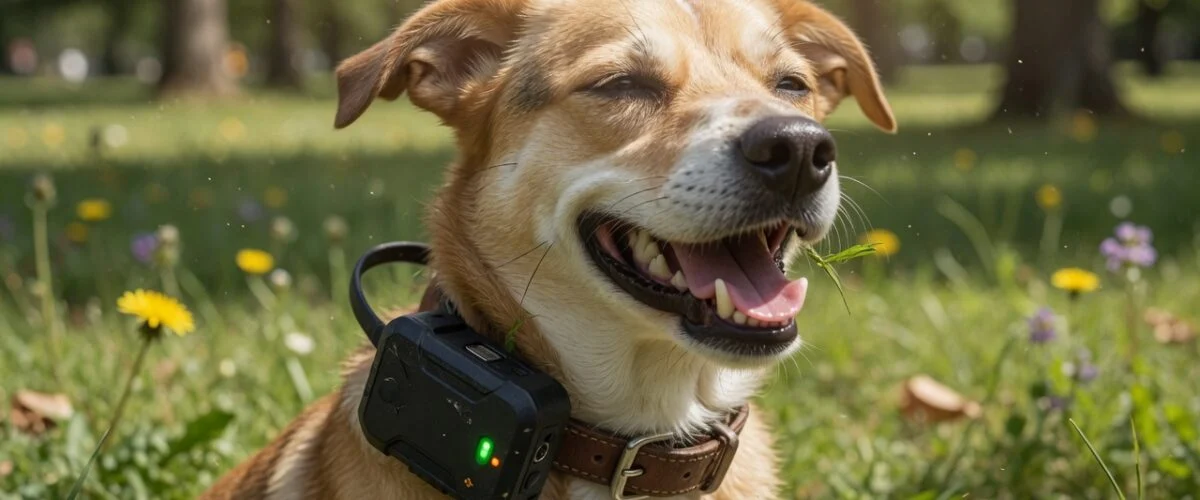 Dog in a park wearing a GPS tracker on its collar