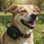 Dog in a park wearing a GPS tracker on its collar