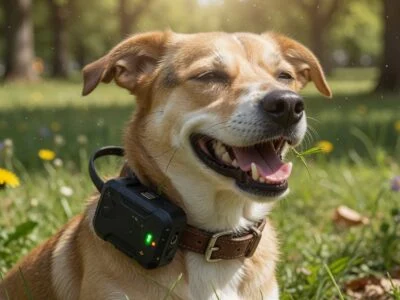 Dog in a park wearing a GPS tracker on its collar