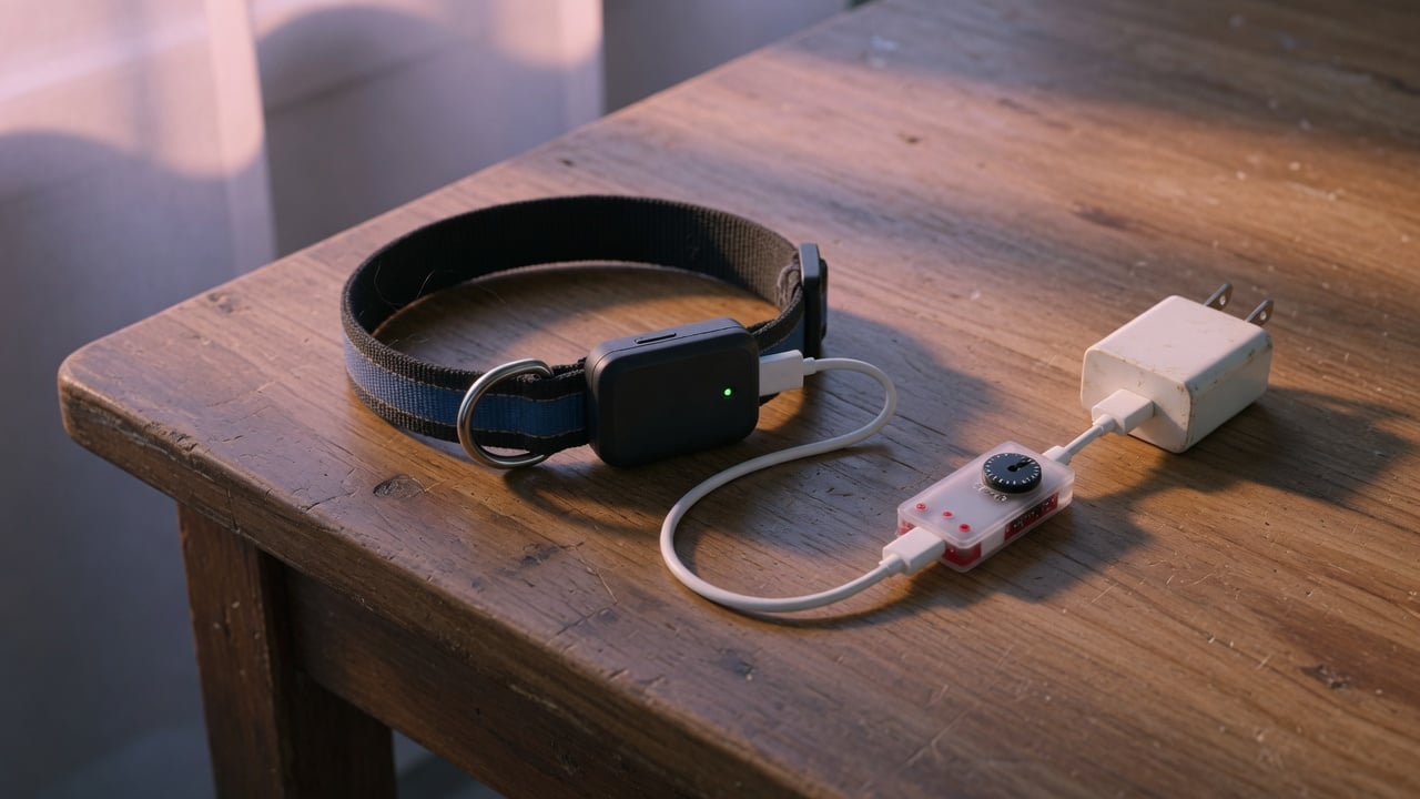 GPS pet tracker on a dog collar charging through a USB cable with an inline charge limiter