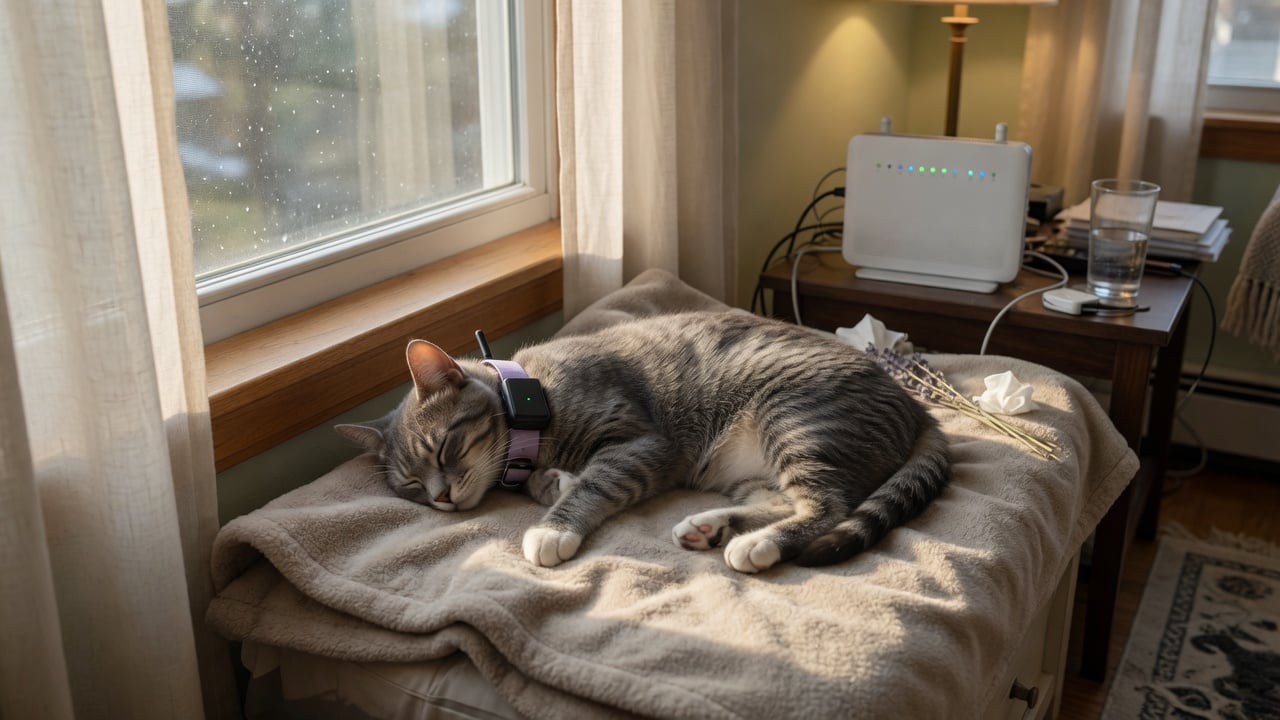 Cat indoors wearing a GPS tracker near a window with a Wi-Fi router in the background