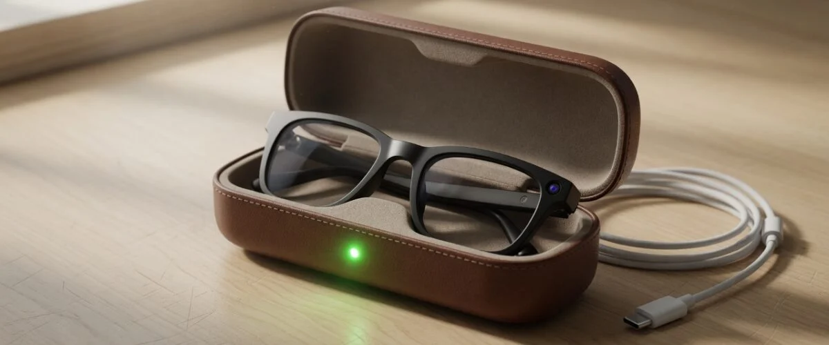 Black smart glasses resting in an open charging case with a green LED next to a USB-C cable on a wooden desk
