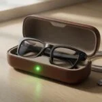 Black smart glasses resting in an open charging case with a green LED next to a USB-C cable on a wooden desk
