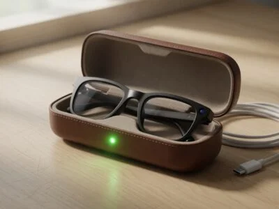 Black smart glasses resting in an open charging case with a green LED next to a USB-C cable on a wooden desk