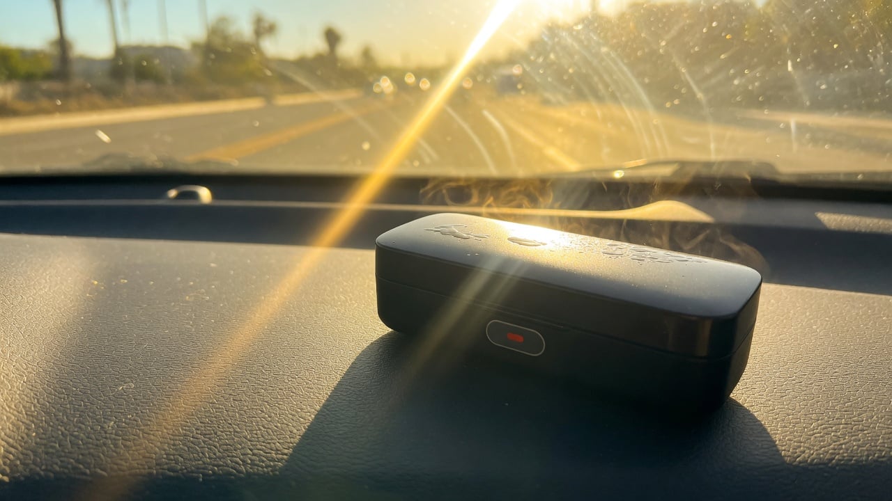 Smart glasses charging case left on a sunny car dashboard behind the windshield, a heat risk for the battery