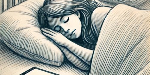 DALL-E 2024-06-21 14.46.49 - Eine Zeichnung einer Person, die friedlich im Bett schläft und ein Smartphone unter dem Kopfkissen hat. Der Raum ist sanft beleuchtet, was eine ruhige und heitere Atmosphäre schafft.